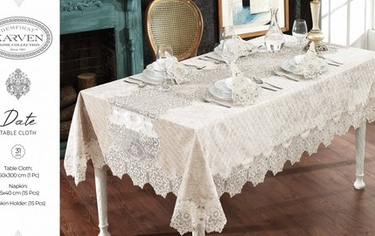 Скатерть прямоугольная с салфетками и кольцами Karven DATE велюр кремовый 160х300